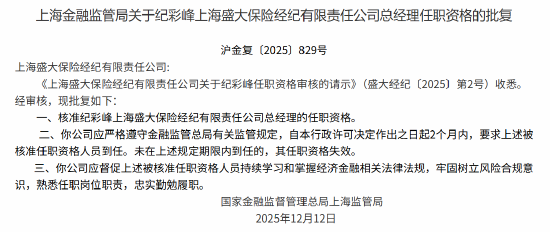 纪彩峰获批出任上海盛大保险经纪总经理