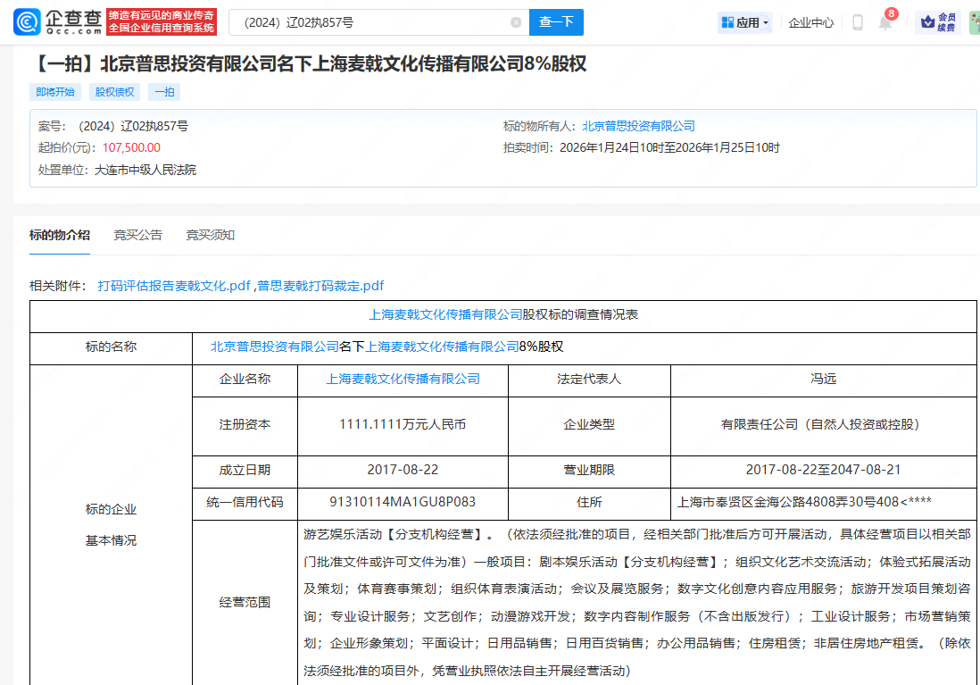 王思聪公司名下股权被拍卖，起拍价10.75万元