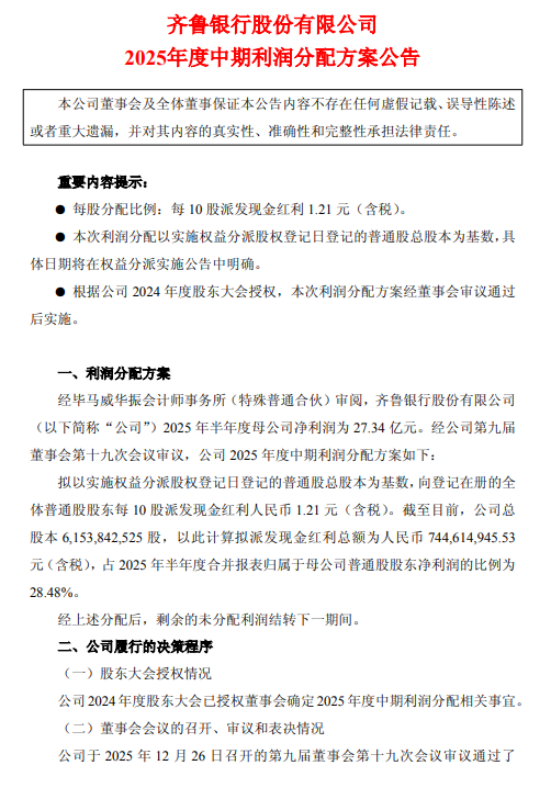 齐鲁银行公布中期利润分配方案：拟每10股派发现金红利1.21元