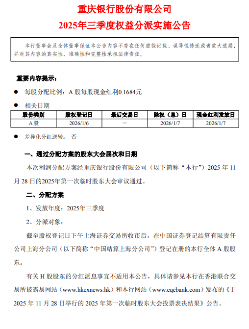 重庆银行公布2025年三季度利润分配方案:拟每股派发现金红利0.1684元