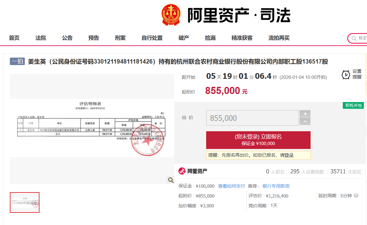 杭州联合银行136517股内部职工股即将拍卖 85.5万起拍价