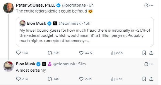 马斯克称美国所有财政赤字可能都是欺诈造成