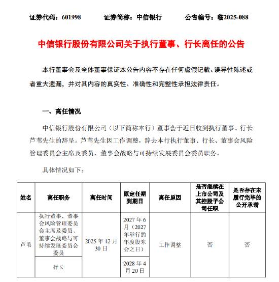 中信银行：执行董事、行长芦苇因工作调整离任