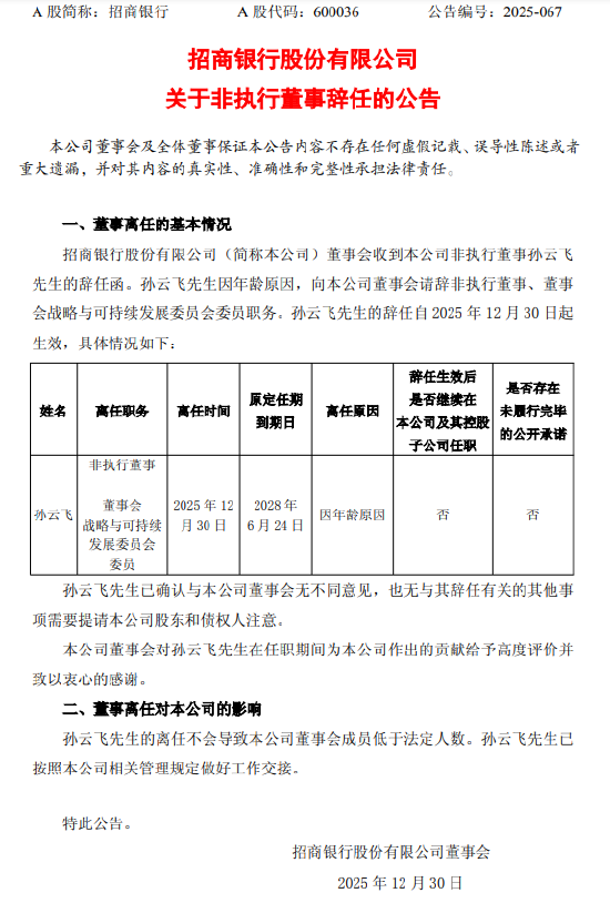 招商银行：非执行董事孙云飞因年龄原因辞任