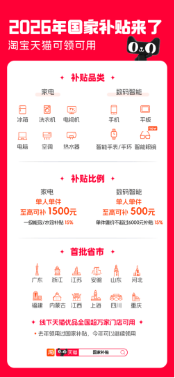 2026年国补来了 1月1日起上淘宝天猫领取，家电数码补贴15%