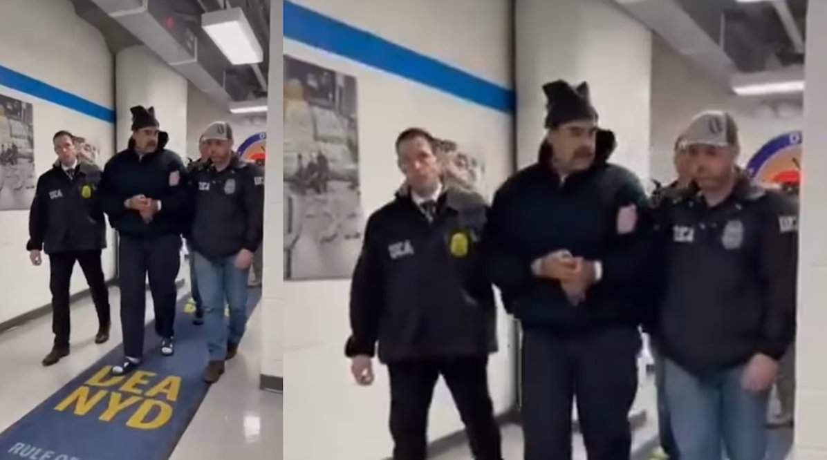 白宫发布视频：委内瑞拉总统马杜罗在美方人员控制下，向现场人员说“新年快乐”！地毯上标有美国缉毒局纽约分局(DEA NYD)的字样