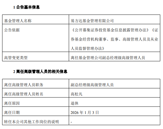 易方达基金“养老金老将”荣退 高松凡卸任副总裁