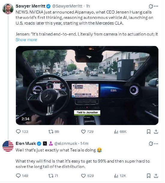 马斯克回应英伟达推出自动驾驶AI模型