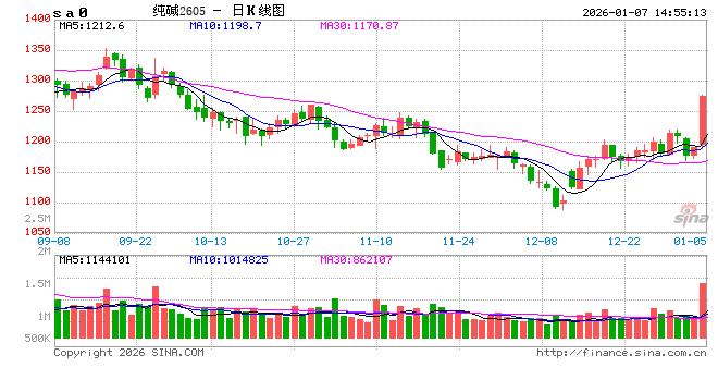 快讯|纯碱主力合约日内大涨6.00%，现报1253.00元/吨