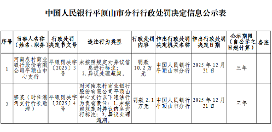 河南农村商业银行平顶山中心支行被罚10.2万元：未按照规定对异议信息进行标注