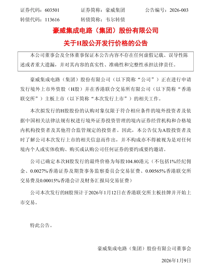 国产供应链企业豪威预计 1 月 12 日在港股上市，发行价每股 104.80 港元