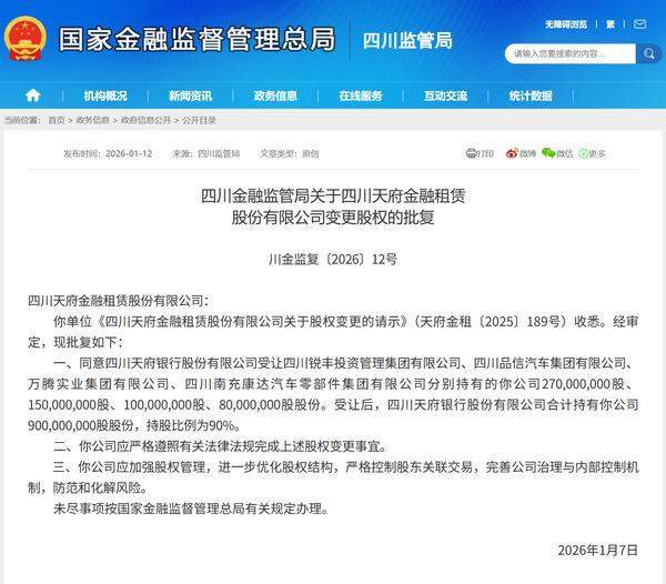 天府金租股权变更获批 四川天府银行合计持股比例达90%