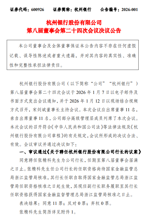 杭州银行：聘任张精科为行长图2