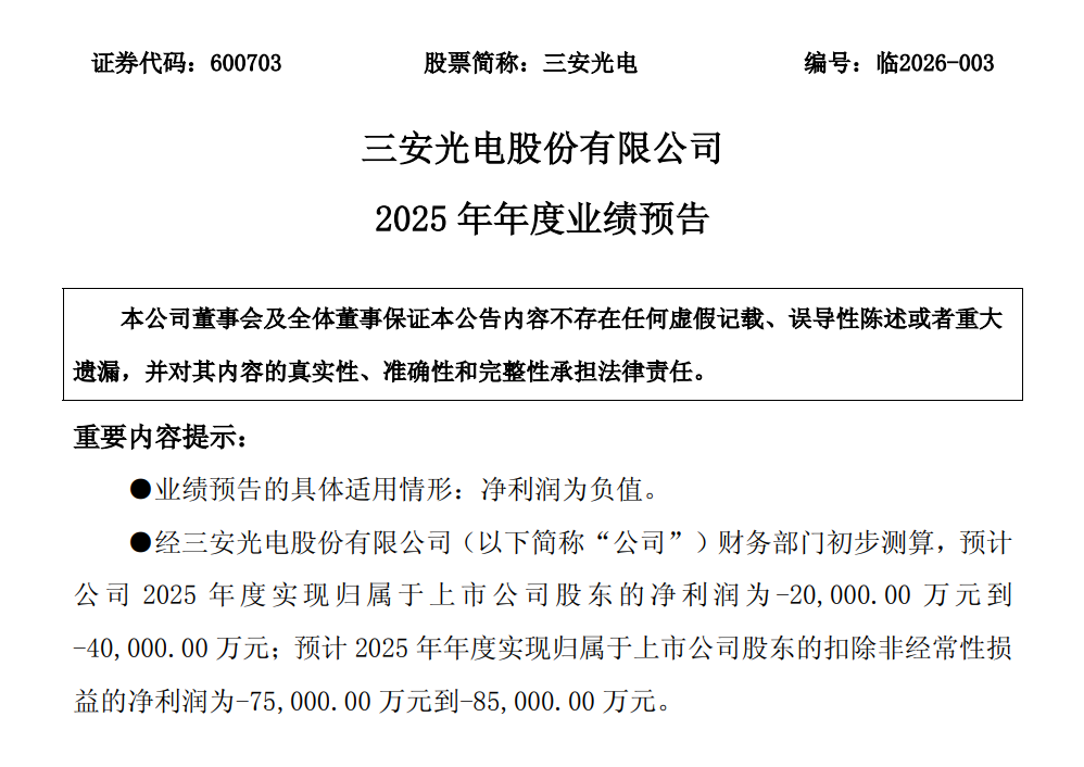 三安光电发布2025年度业绩预告