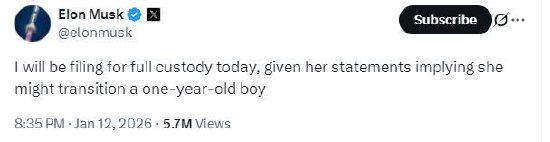 马斯克将申请第13个孩子的监护权，因其母亲发表支持跨性别言论